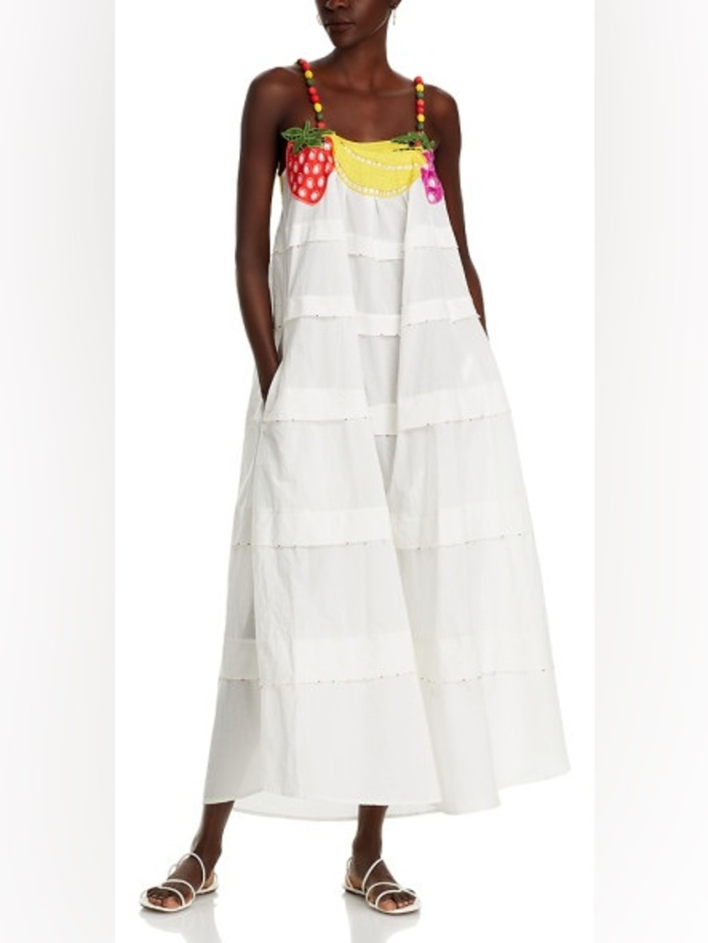 FARM Rio Fruits Richilieu Sleeveless Midi Dress white cotton tiered vacation XS